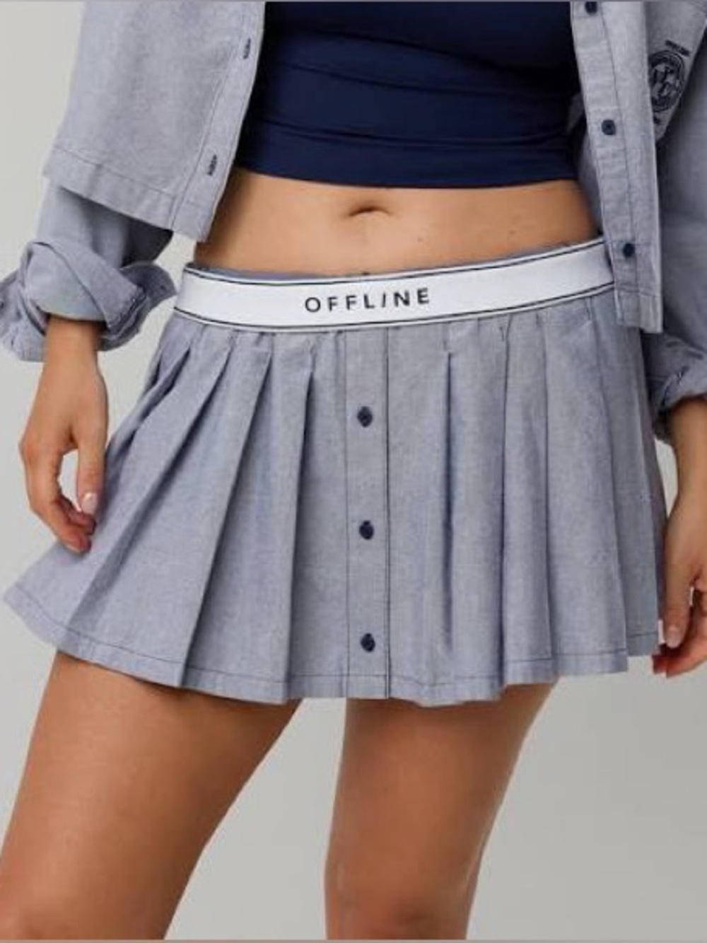 Offline by aerie Oxford Light Grayish Blue Pleated Mini Skirt (with shorts)